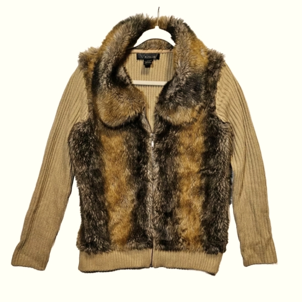 Venue Ribbed Sweater With Faux Fur Front Full Zip Cardigan Size Large Y2K Tan